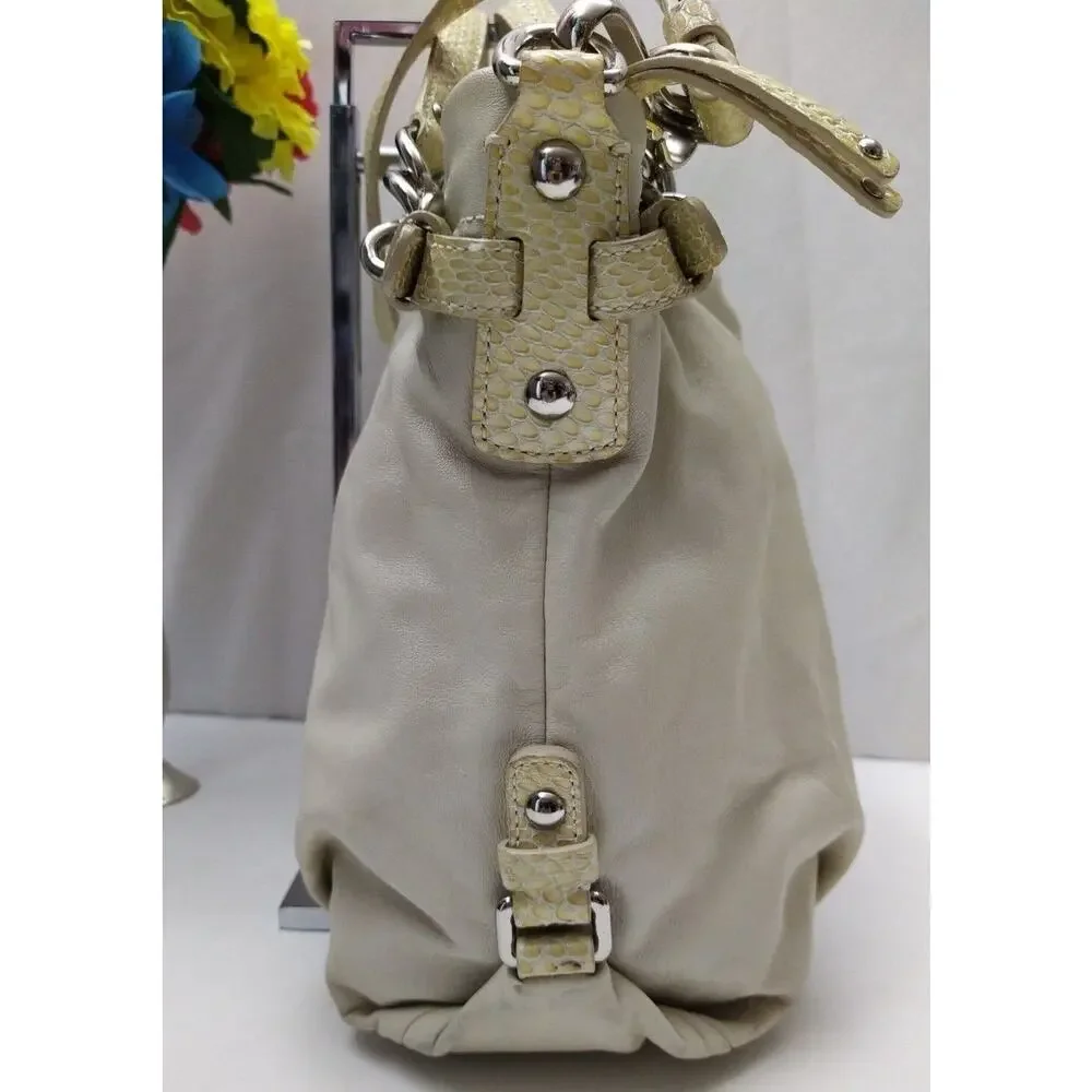 Coach Ivory Soft Leather Snakeskin Detail Zipper Hobo Shoulder Bag